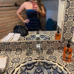 Teal/blue velvet, strapless dress with slit